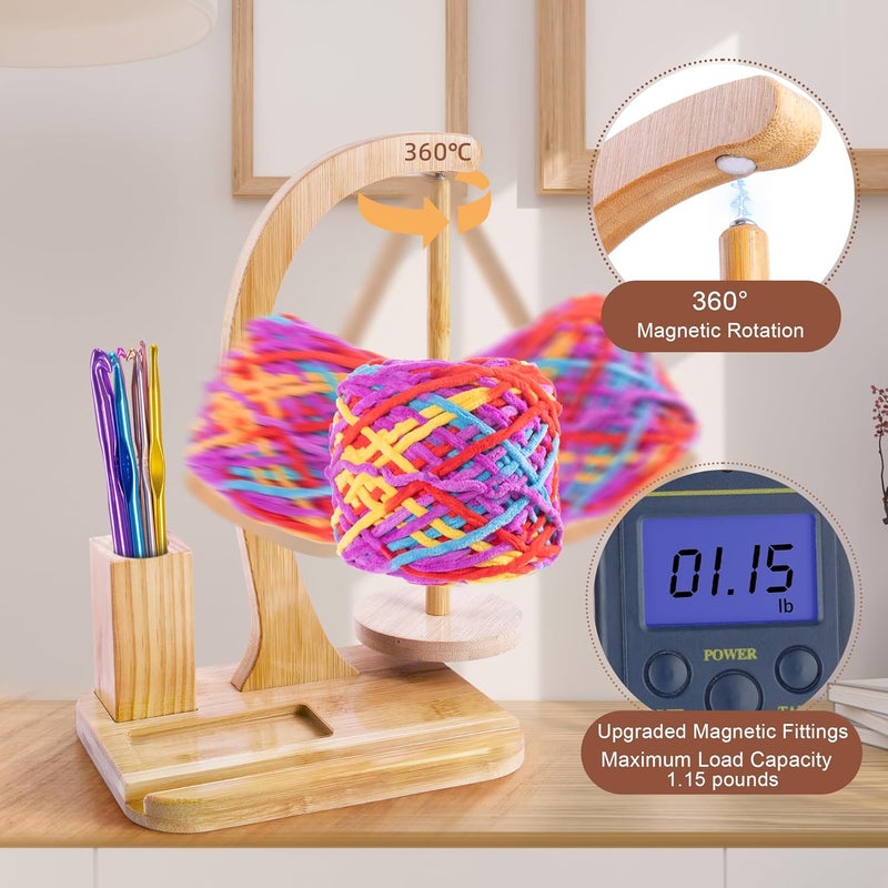 FOGWOWO Upgraded Yarn Holder for Crocheting and Knitting,Wooden Crochet Yarn Holder Magnetic Yarn Spinner with Crochet Accessories Storage and Phone Stand,Yarn Ball Holder Crochet Gift for Knitting Lovers - Image 4